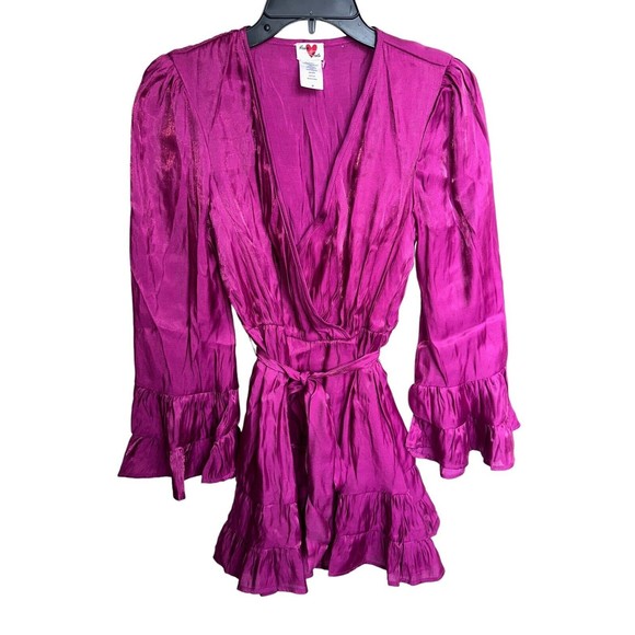 Metallic Fuchsia Tiered Satin Pleated Belted A Line V Neck Womens Medium Dress - Picture 11 of 16